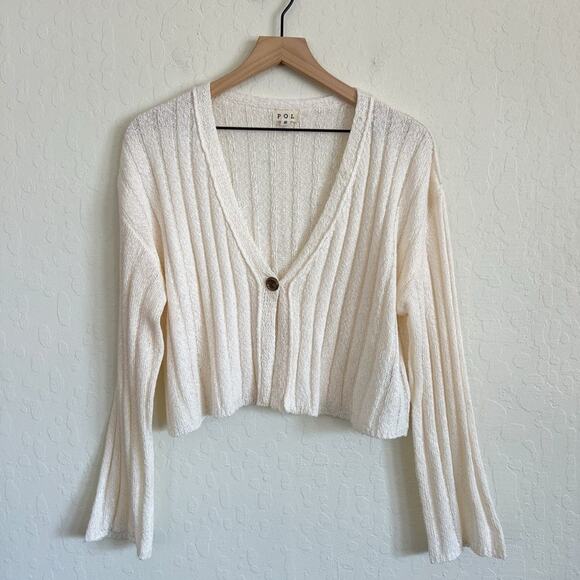 POL Hear Me Out Cropped Ribbed One Button Bell Sleeve Cardigan Small Cream Boho - Picture 5 of 10